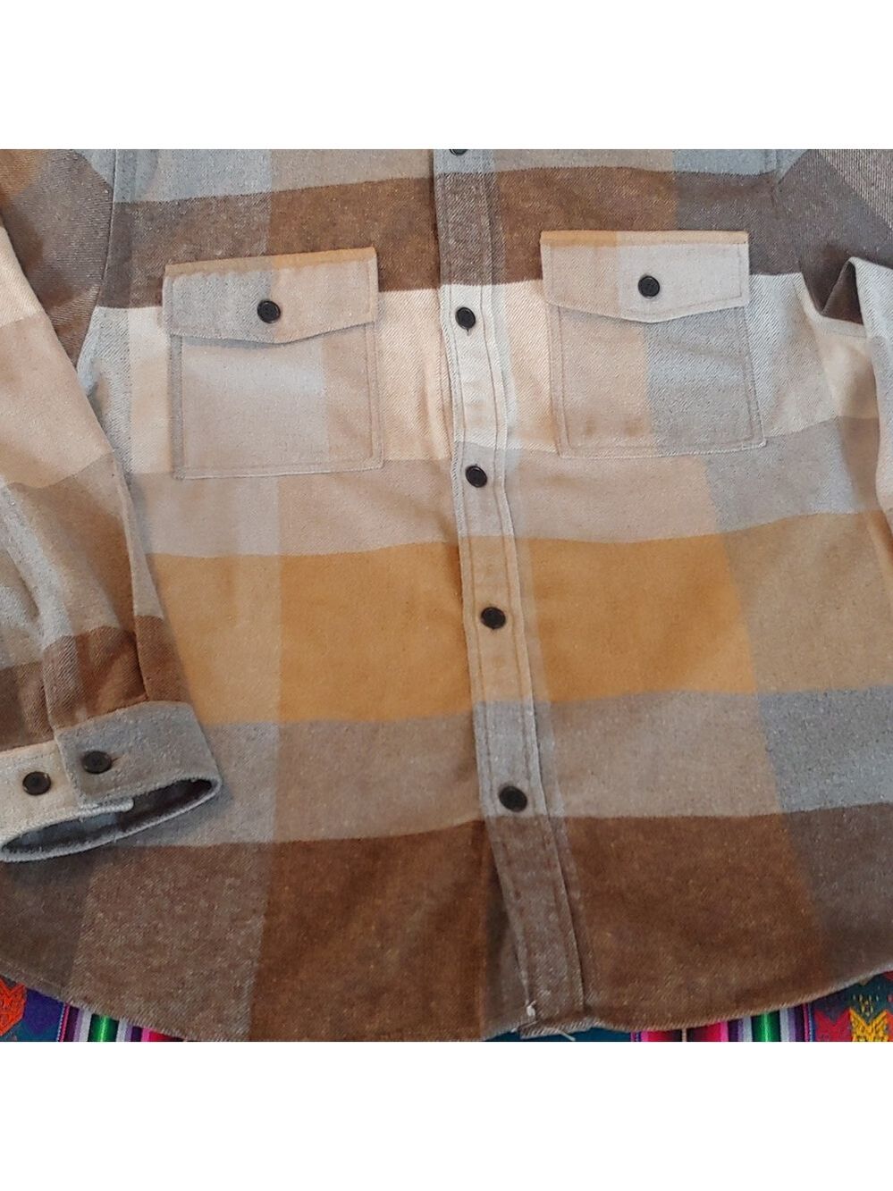 Men's Plaid Polyester Blend Button Shirt Brown, Tan, XL - Picture 12 of 15